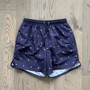 Aqua Navy Swim Trunks with White Pattern